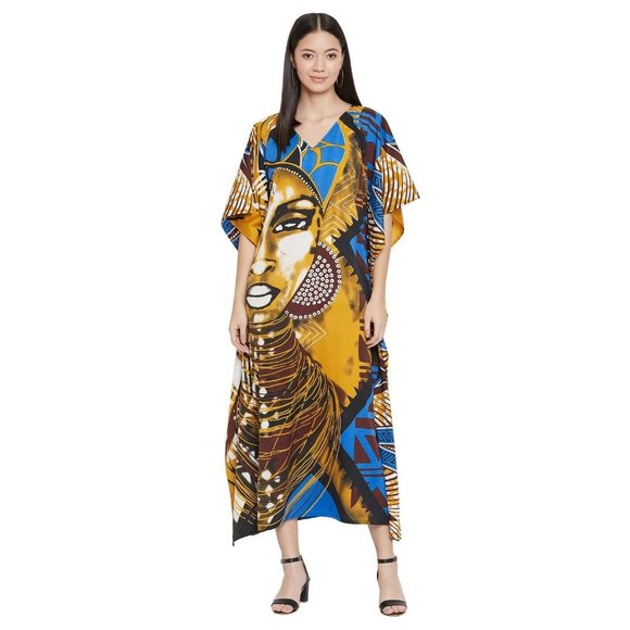 Lady Tribal Printed Caftan Dress Coverup With 3/4 Sleeve for Summer Beach Party - Picture 3 of 8